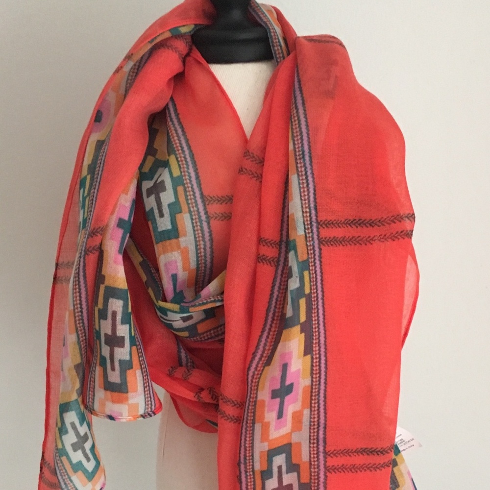 J. Crew red/coral and geometric border scarf